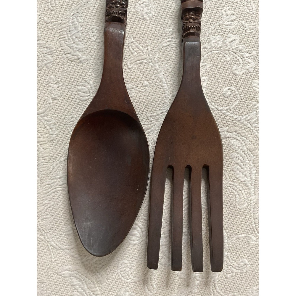 Vintage MCM Fork Spoon Kitchen Wall Decor Tiki Totem Pole Hand Carved Wood 29" - Picture 2 of 16